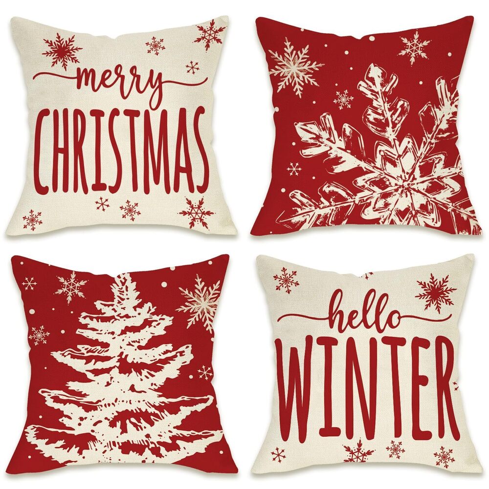7187 Merry Christmas Red Decorative Throw Pillow Covers 16 x 16 Set of 4